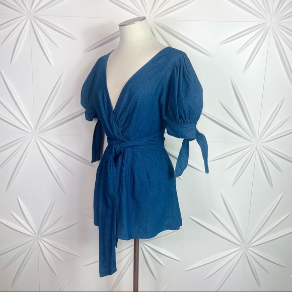 C/MEO Collective Kind to you Romper Puff Sleeve Cross Back Romper in Indigo - Picture 11 of 14